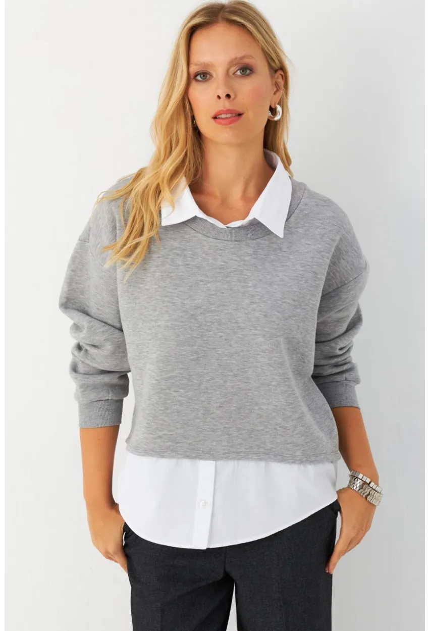 Kadın Gri Gömlek Detaylı Sweatshirt MAYD21
