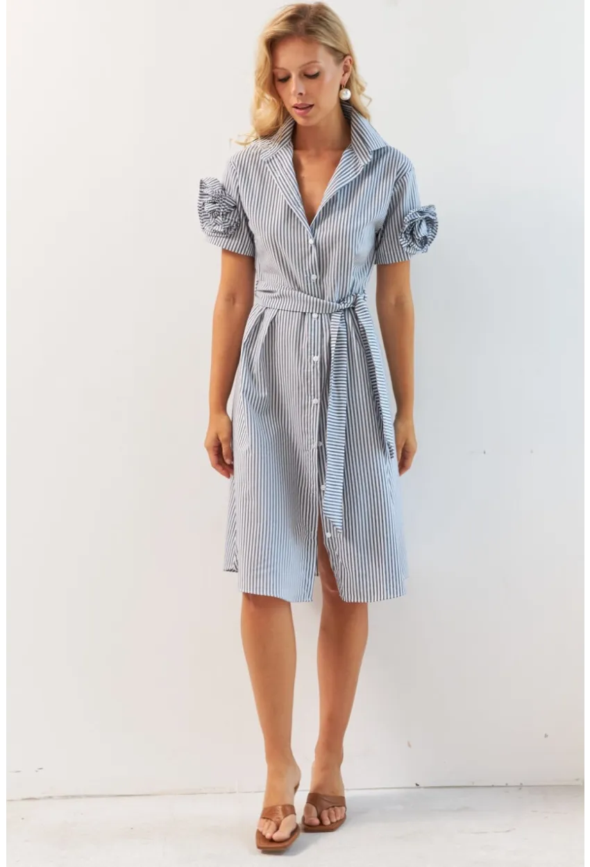 Kadın Gri Gül Detaylı Midi Gömlek Elbise SF12812