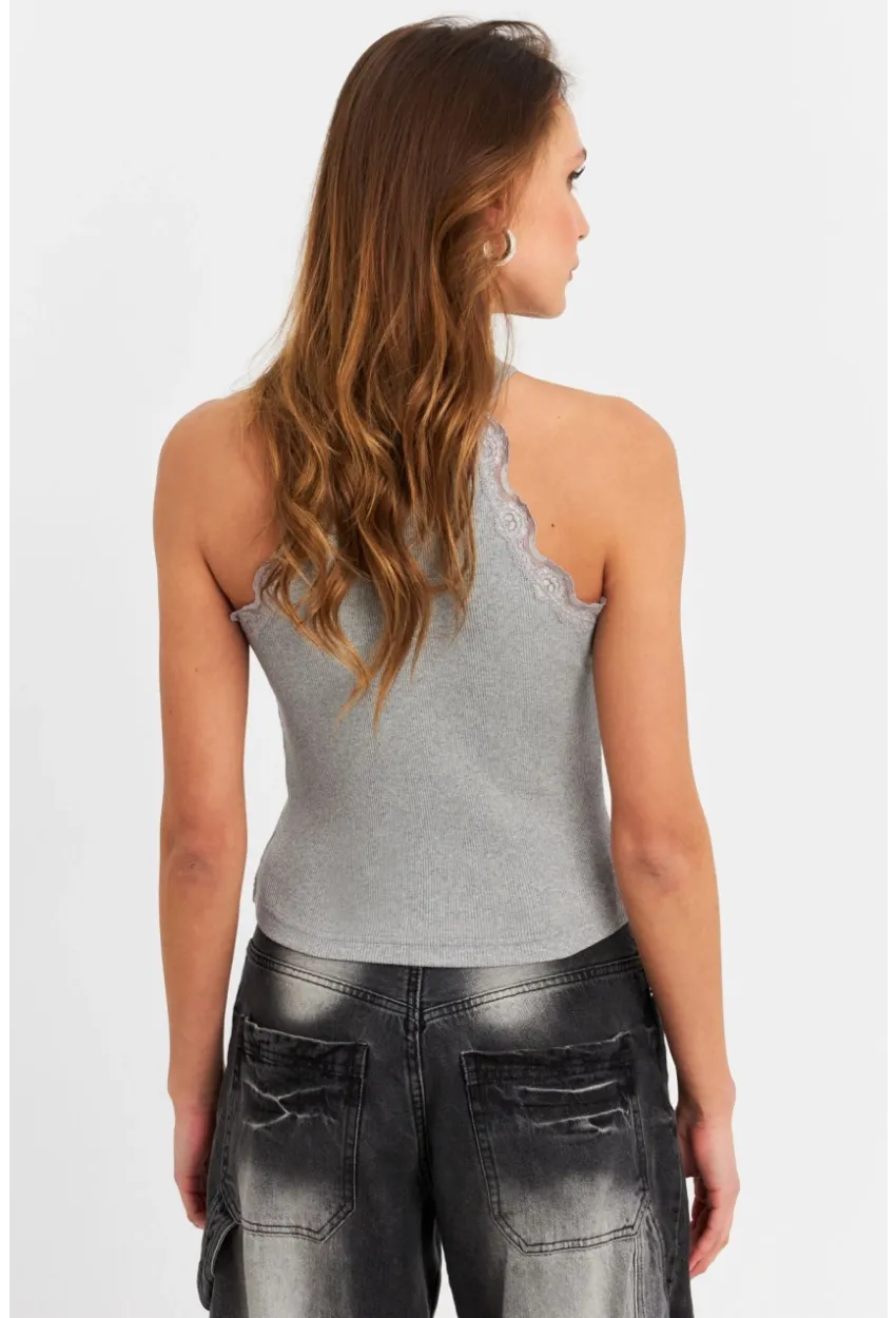 Kadın Gri Halter Yaka Dantelli Bluz MK04