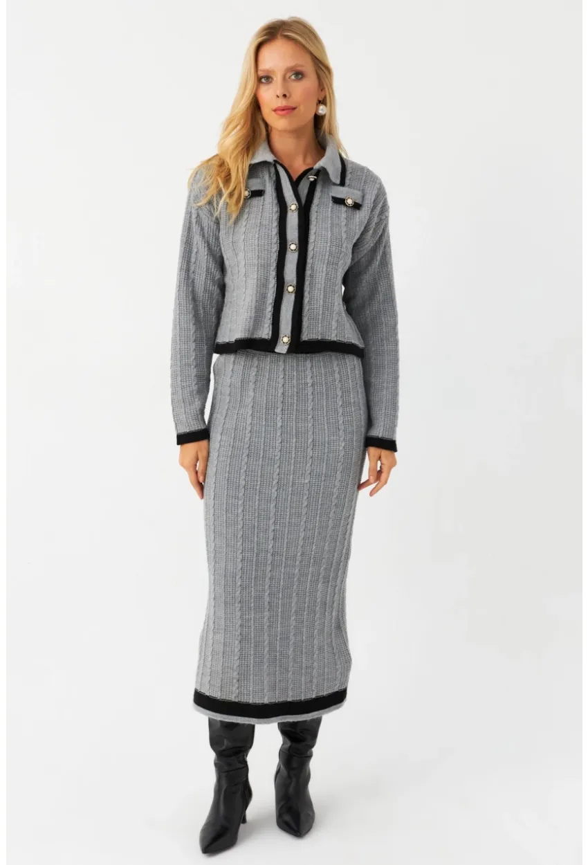 Kadın Gri İkili Alt Üst Triko Takım NUV34