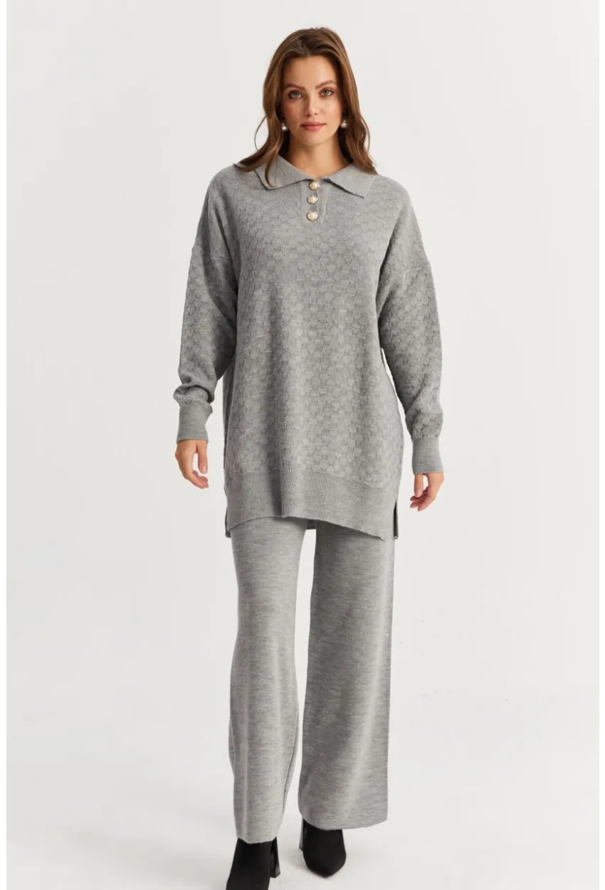 Kadın Gri İnci Düğmeli Triko Alt Üst Takım MNUV33