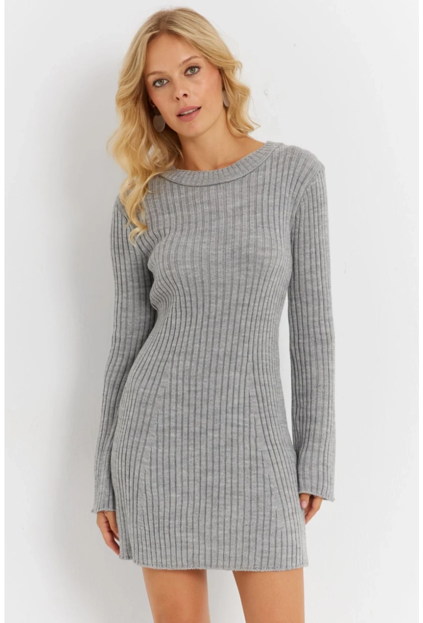 Kadın Gri İspanyol Kol Triko Mini Elbise YV273
