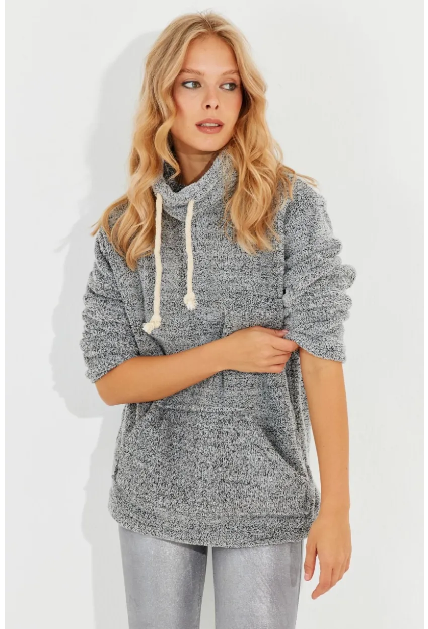 Kadın Gri Kanguru Cep Peluş Sweatshirt Q978