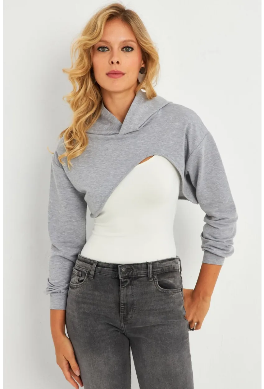 Kadın Gri Kapüşonlu Crop Sweatshirt  TF03