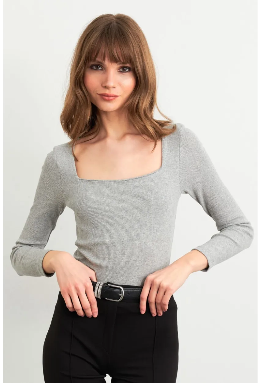 Kadın Gri Kare Yaka Kaşkorse Bluz GA101