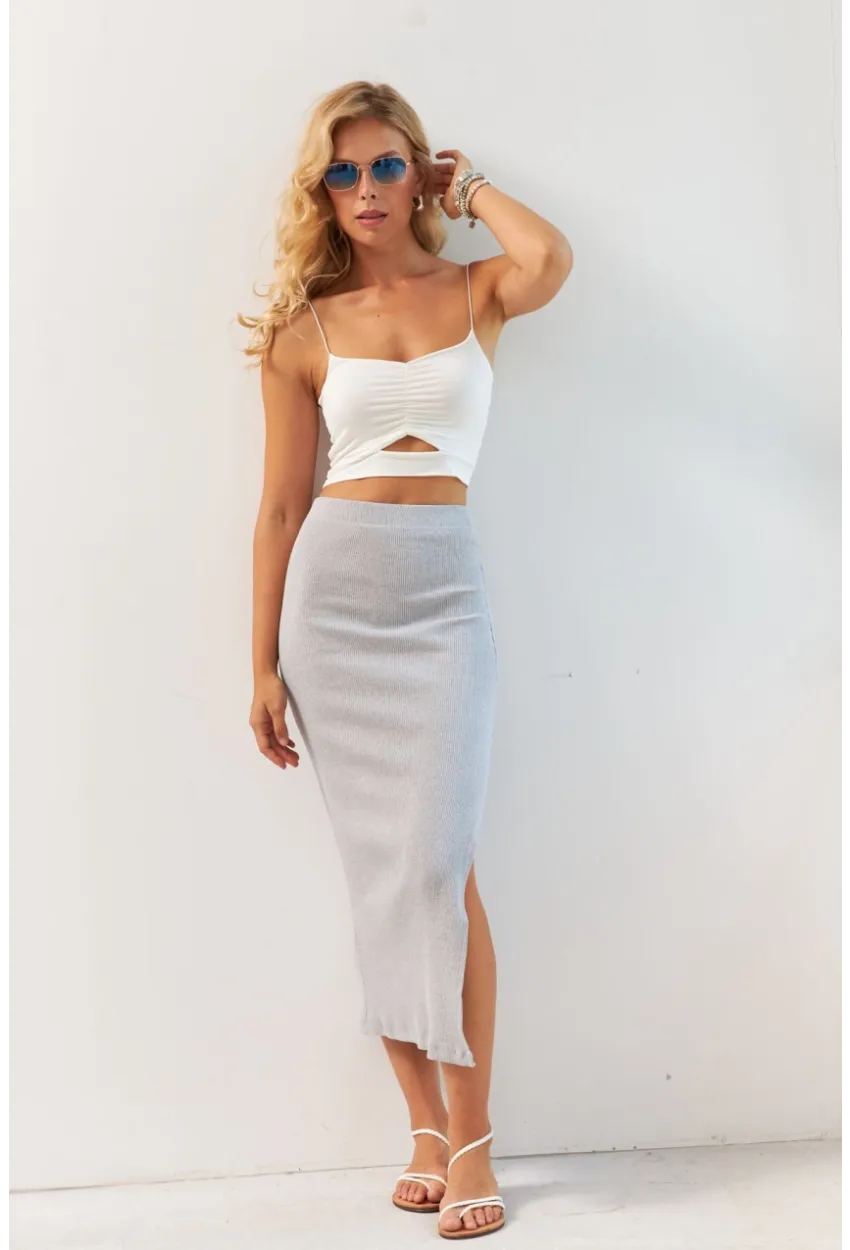 Kadın Gri Kaşkorse Midi Etek XL2034