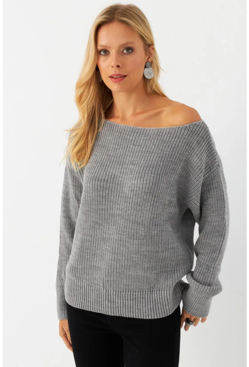 Kadın Gri Kayık Yaka Kazak AYD392