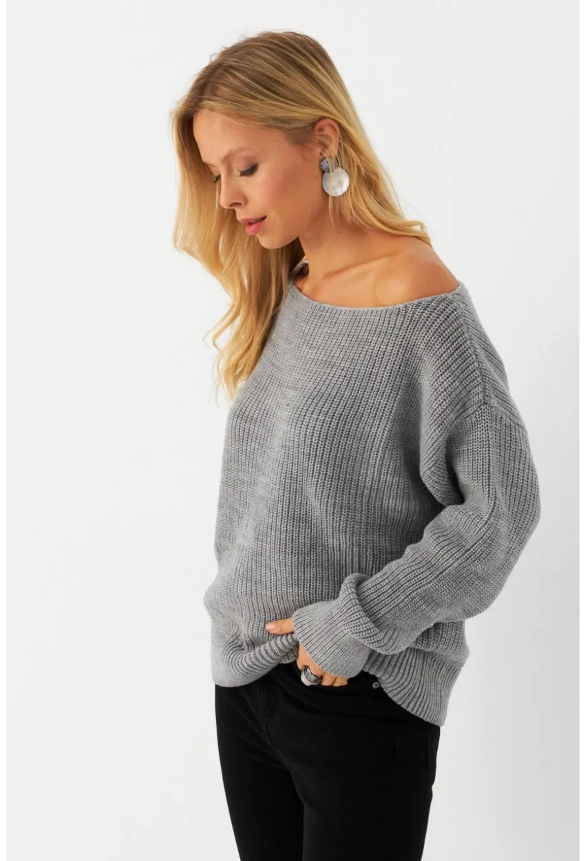 Kadın Gri Kayık Yaka Kazak AYD392