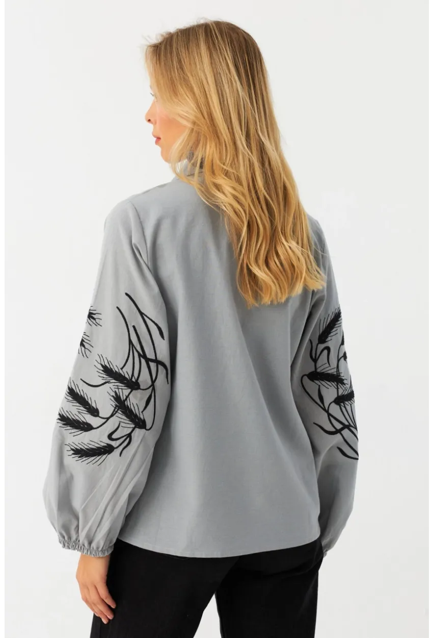 Kadın Gri Nakışlı Balon Kol Gömlek MQS5603
