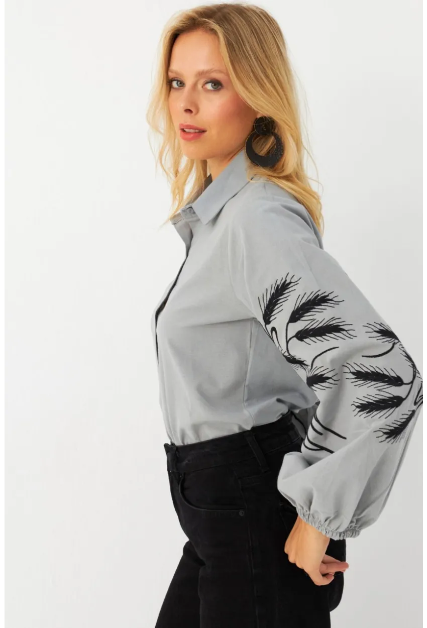 Kadın Gri Nakışlı Balon Kol Gömlek MQS5603