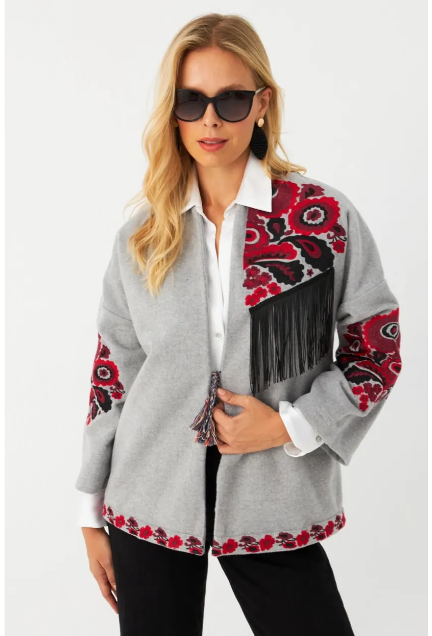 Kadın Gri Nakışlı Kaşe Ceket MQS5563
