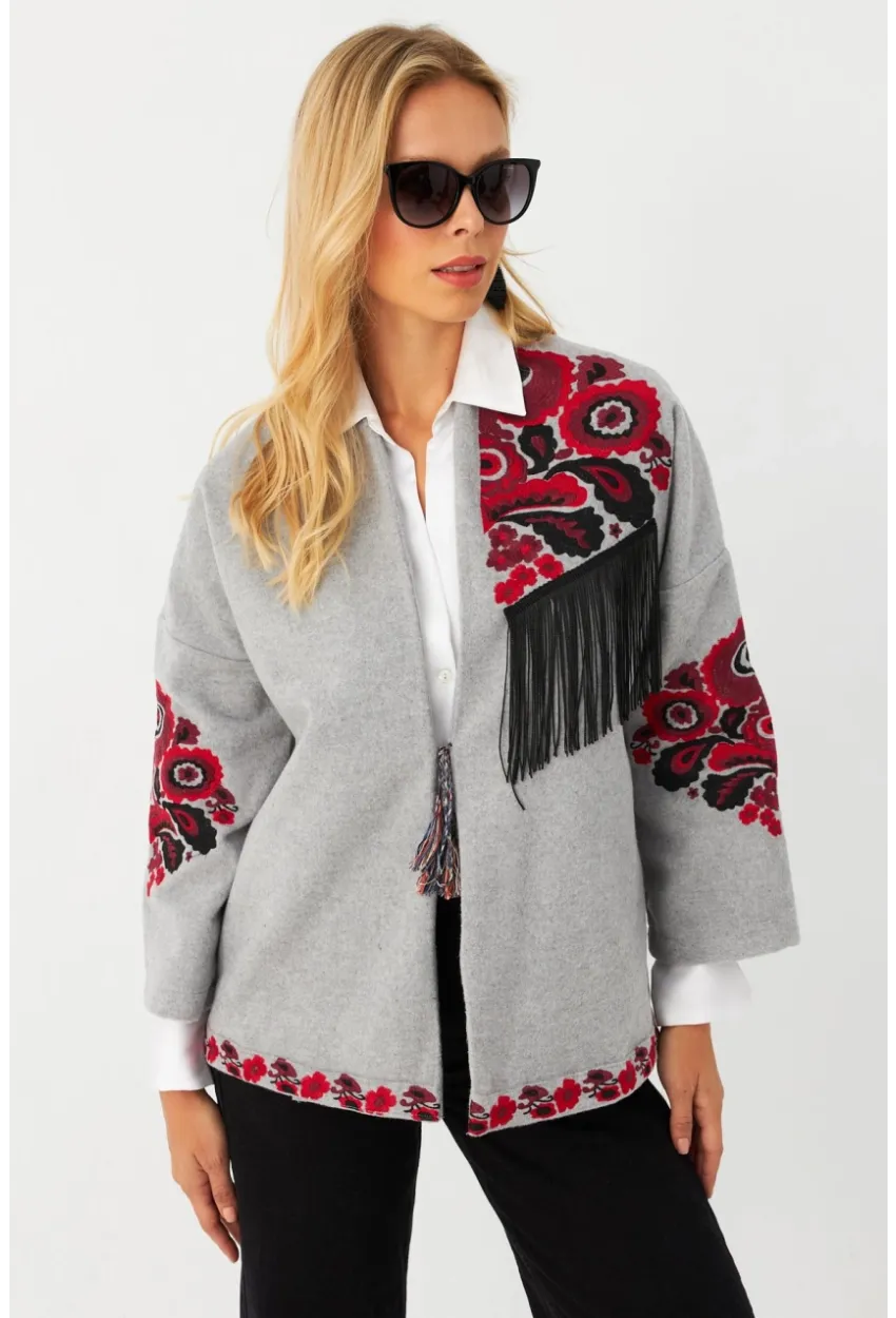 Kadın Gri Nakışlı Kaşe Ceket MQS5563