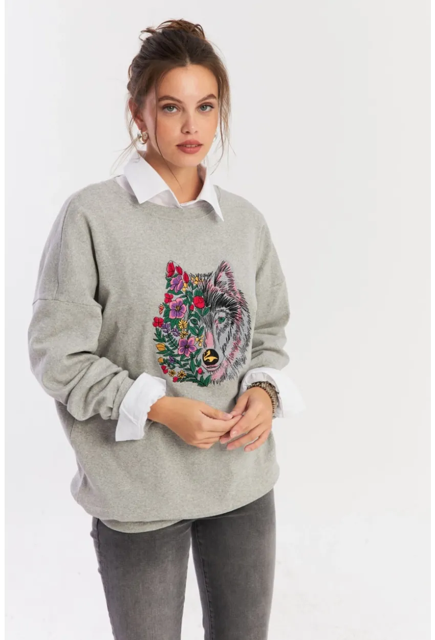 Kadın Gri Nakışlı Sweatshirt YLE20