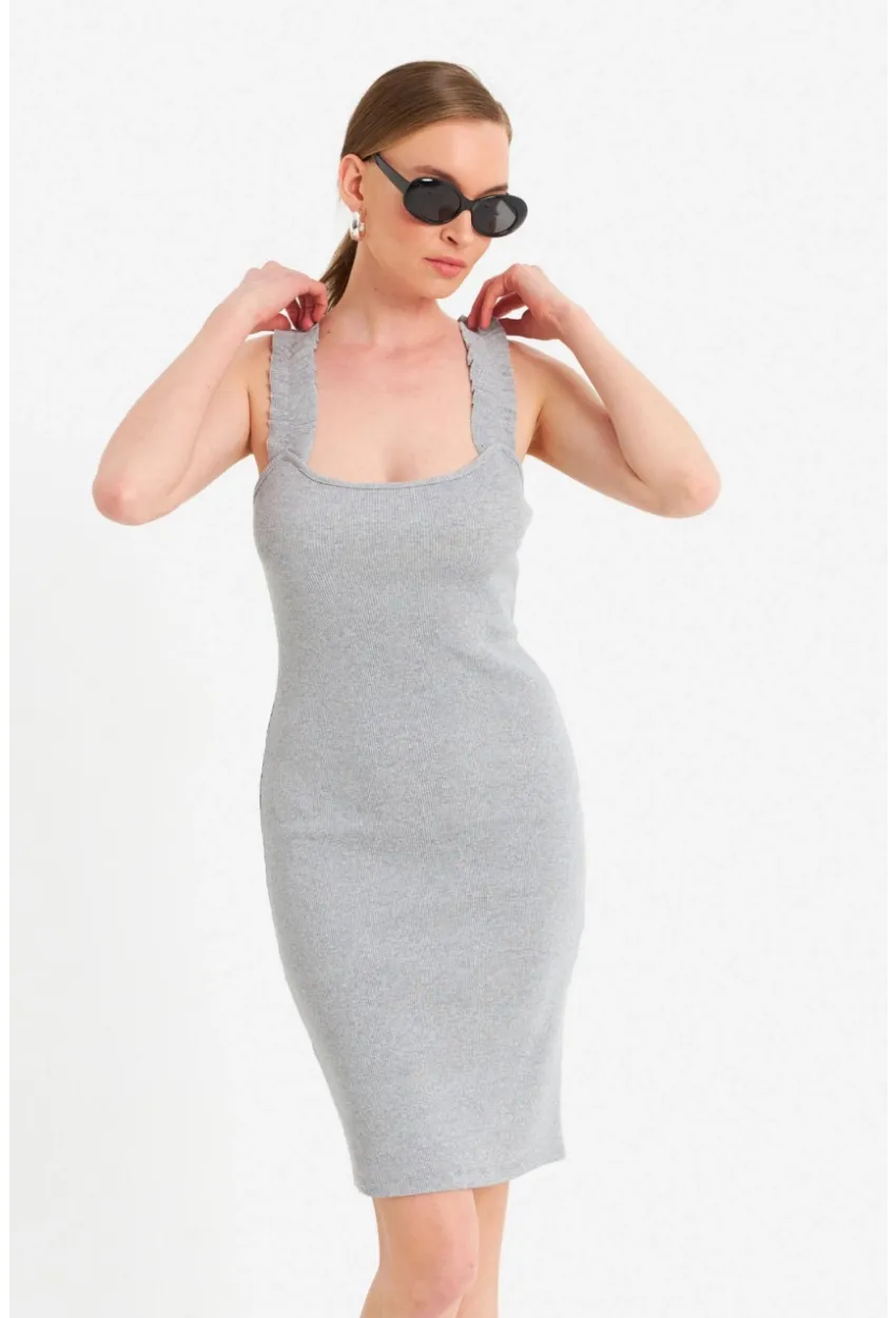 Kadın Gri Omuz Bantlı Kaşkorse Mini Elbise URO203