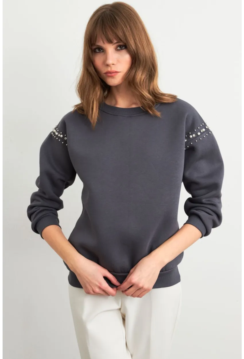 Kadın Gri Omuzları İnci Detaylı Sweatshirt MDY1424