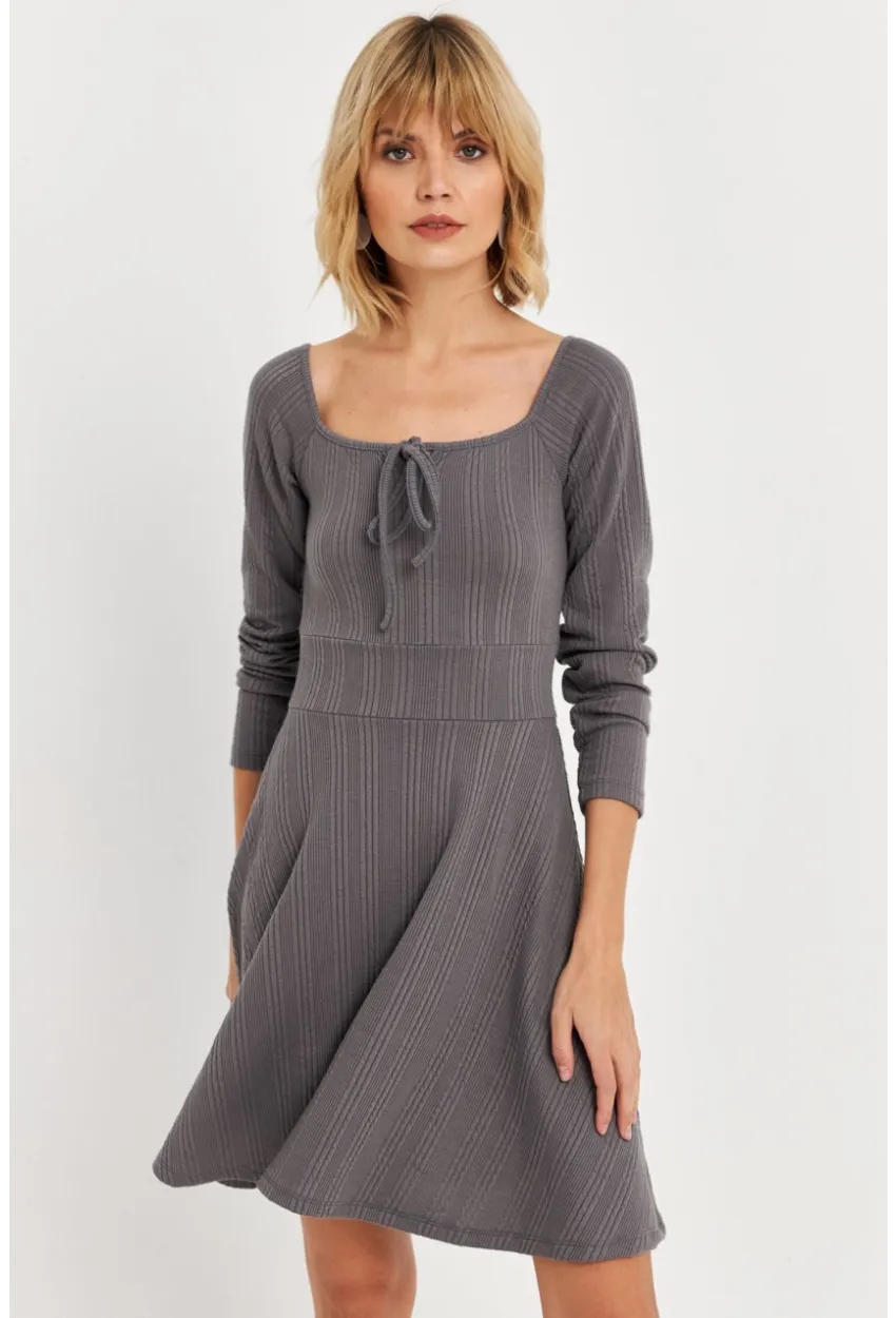 Kadın Gri Önü Bağlamalı Mini Elbise TF59