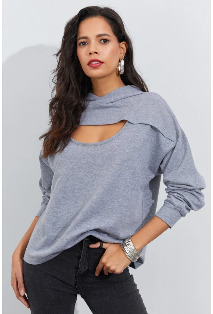 Kadın Gri Önü Pencereli Kapüşonlu Sweatshirt Yİ2486