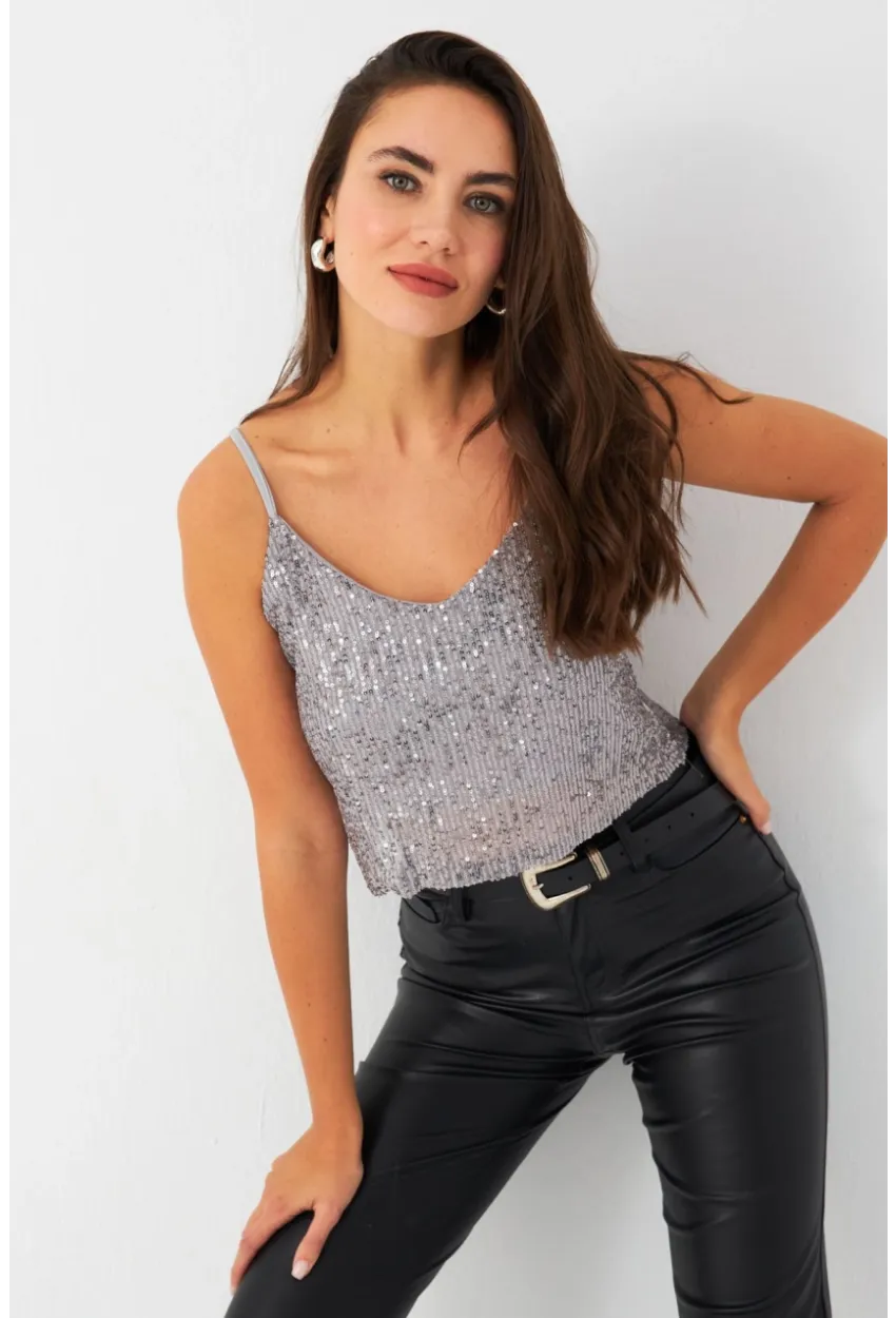 Kadın Gri Payetli Büstiyer SHR10