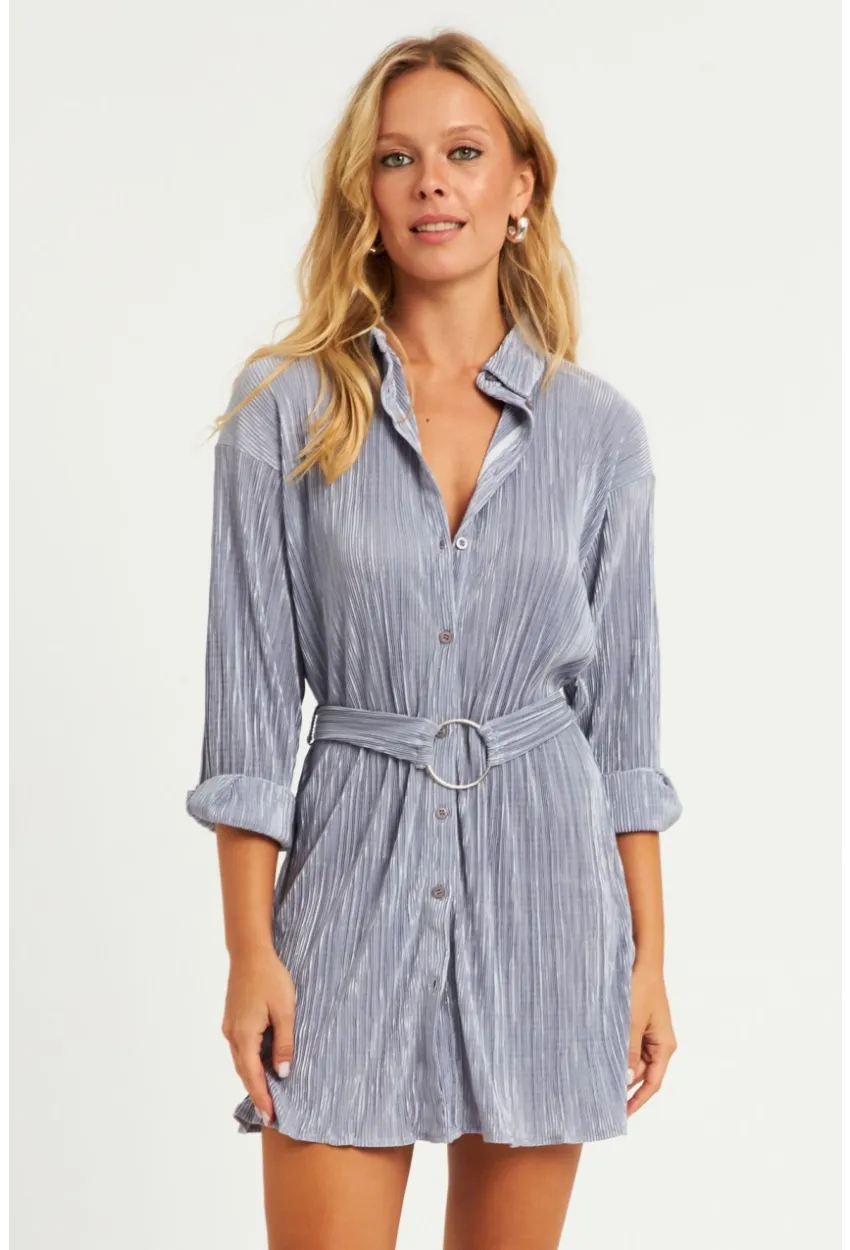 Kadın Gri Piliseli Kemerli Mini Elbise TW70124-90