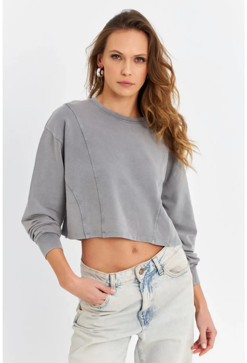 Kadın Gri Salaş Crop Sweatshirt ZH08