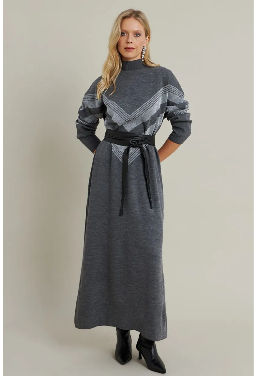 Kadın Gri Simli Maxi Triko Elbise MTC3215