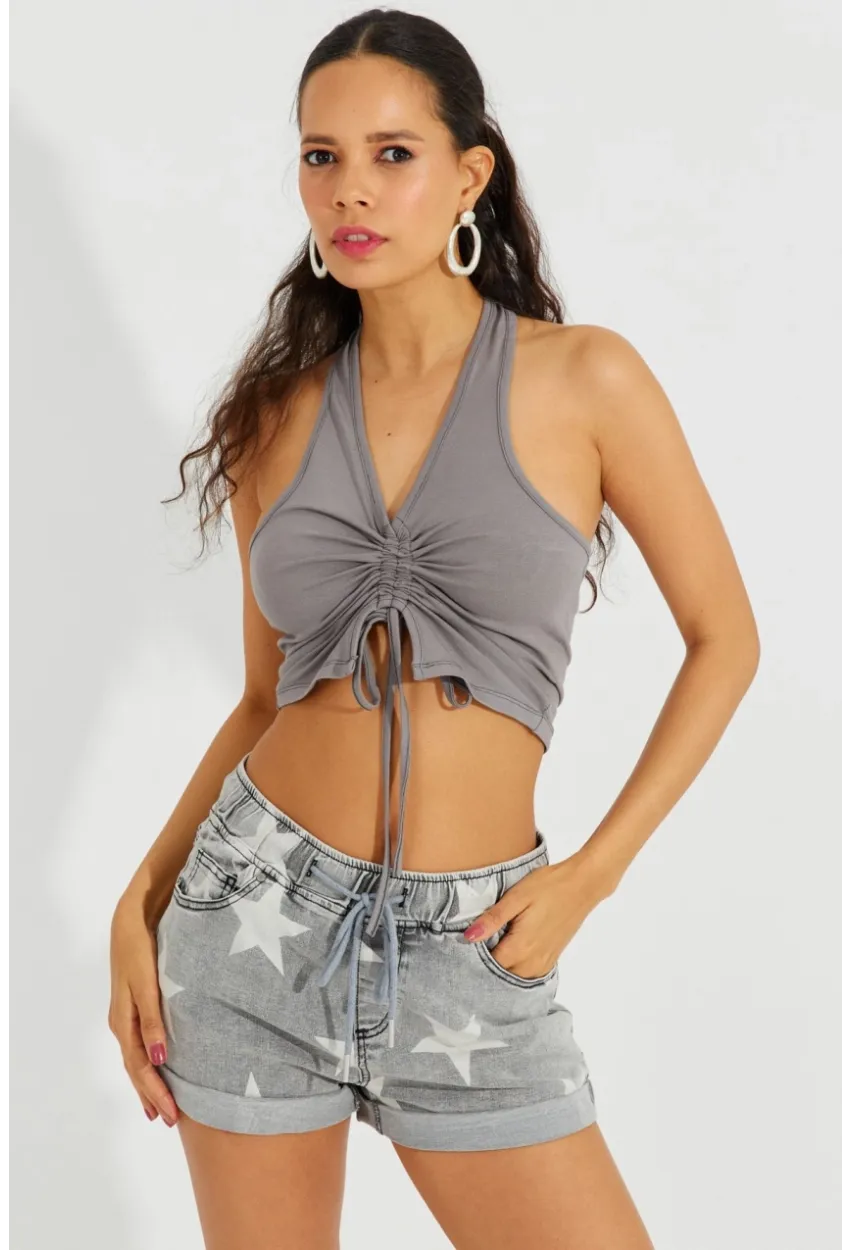 Kadın Gri Sırtı Açık Crop Bluz B2697