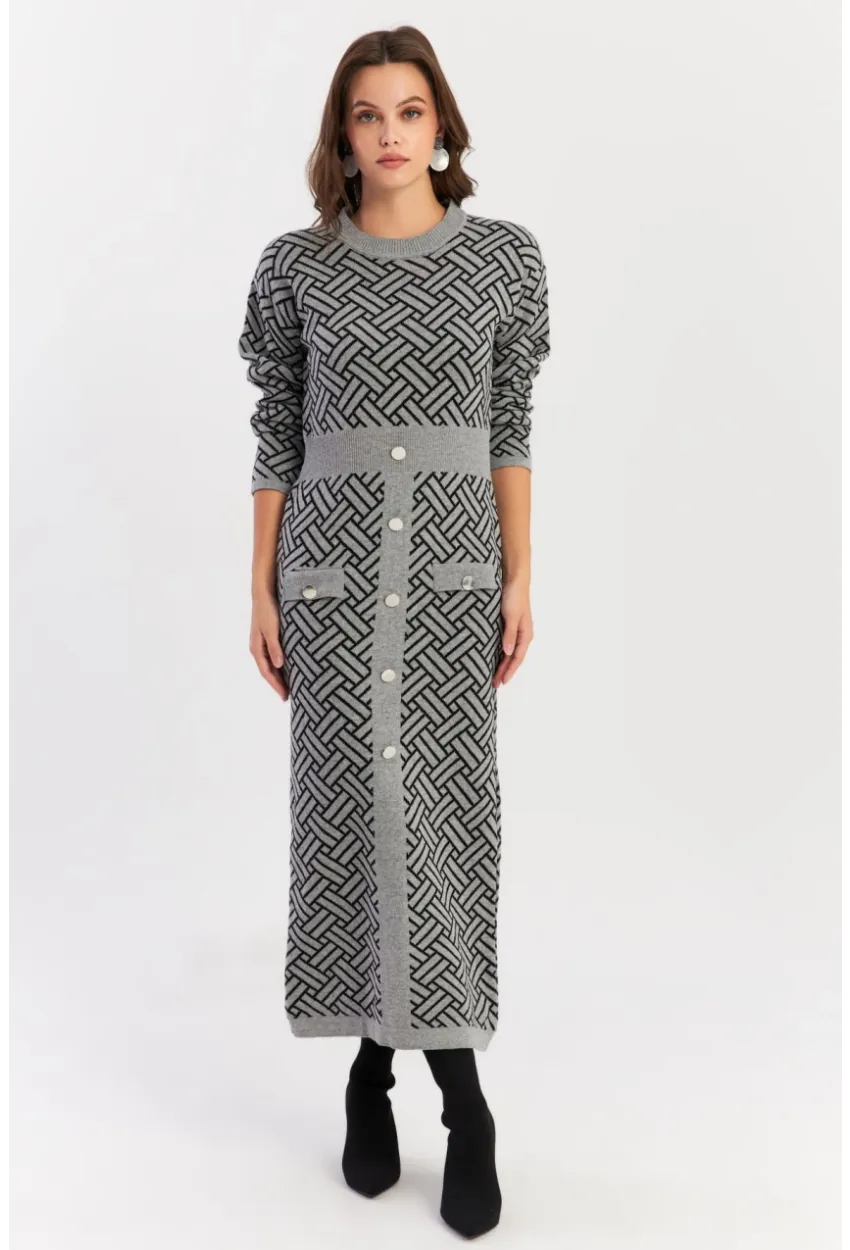 Kadın Gri-Siyah Düğme Aksesuarlı Desenli Maxi Elbise NUV41