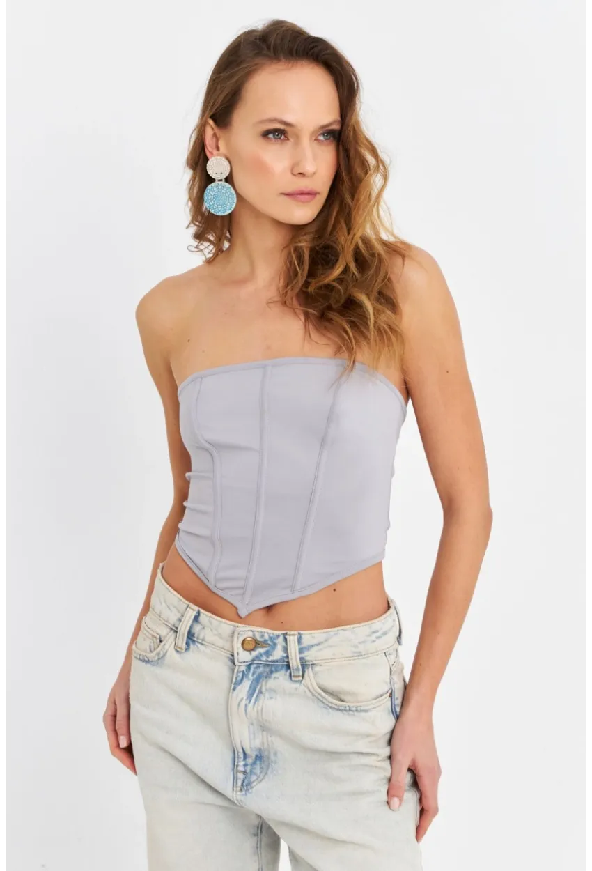 Kadın Gri Straplez Crop Bluz B6081