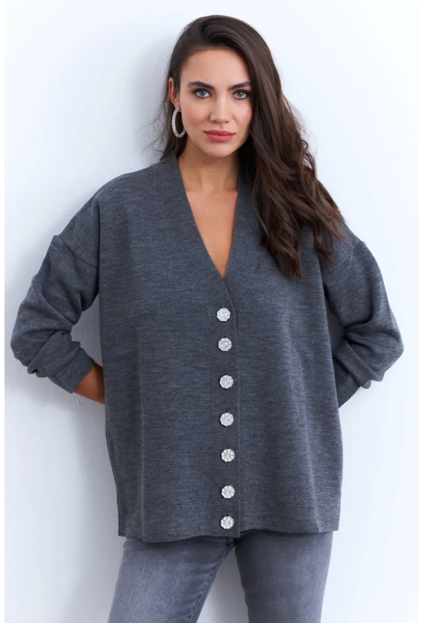 Kadın Gri Taşlı Düğmeli Hırka MİW4572