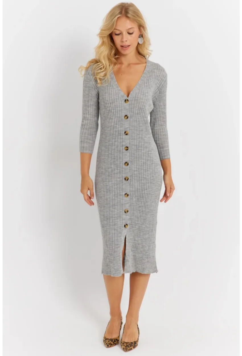 Kadın Gri Triko Midi Gömlek Elbise YV274
