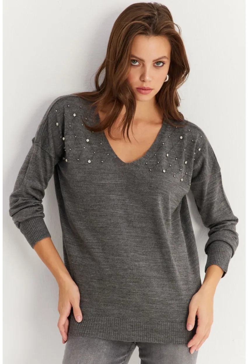 Kadın Gri V Yaka Taşlı İnce Triko Bluz YİL002