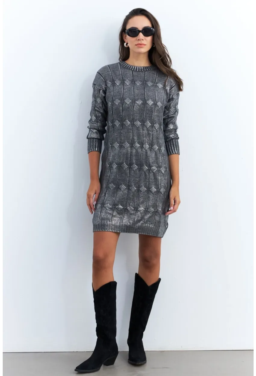 Kadın Gri Varaklı Triko Midi Elbise NAR446