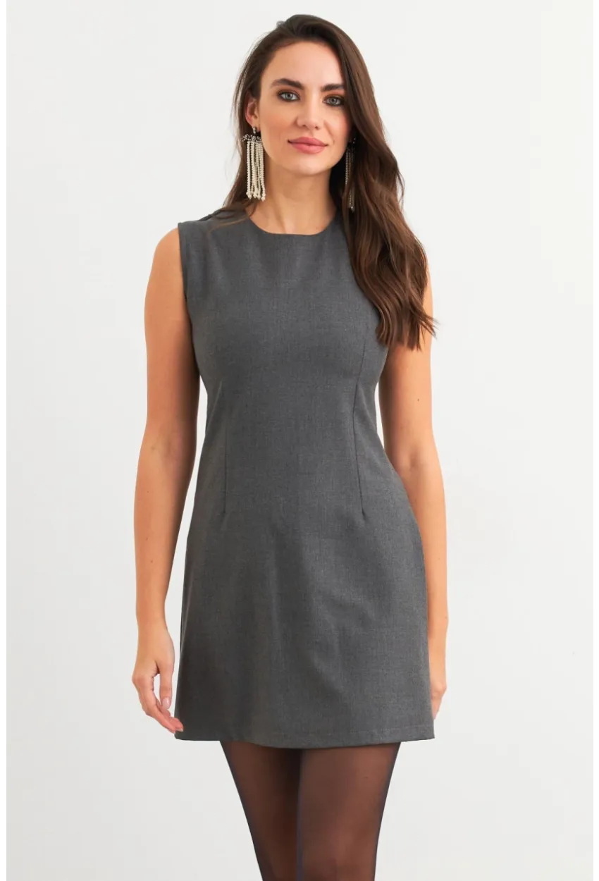 Kadın Gri Yandan Fermuarlı  Basic Midi Elbise ELA6821