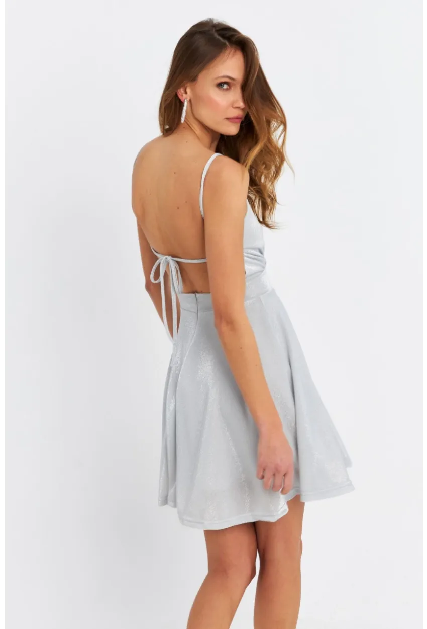 Kadın Gümüş Rengi Kruvaze Simli Astarlı Mini Elbise DCF110