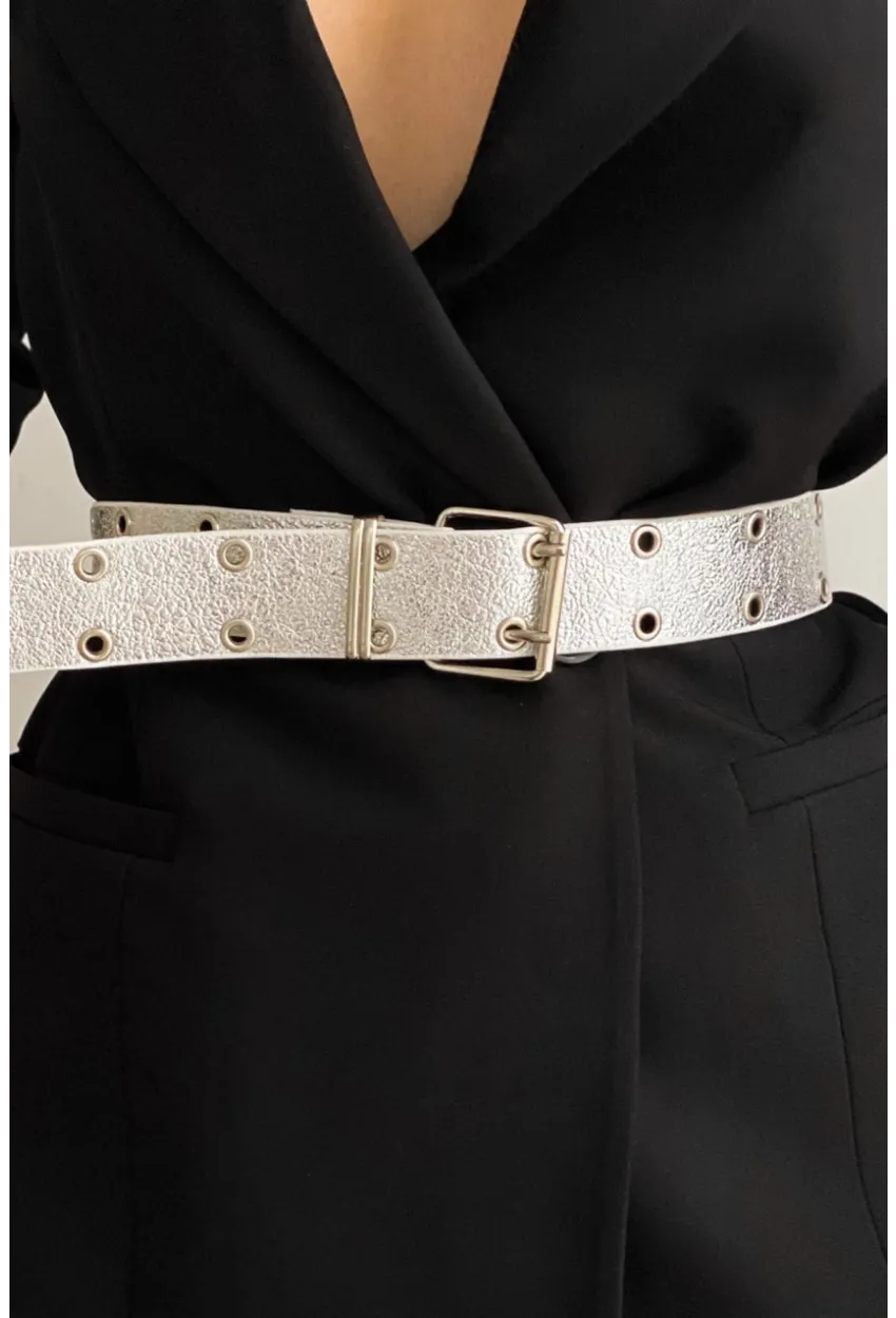 Kadın Gümüş Rengi Kuş Gözlü Simli Kemer BE619