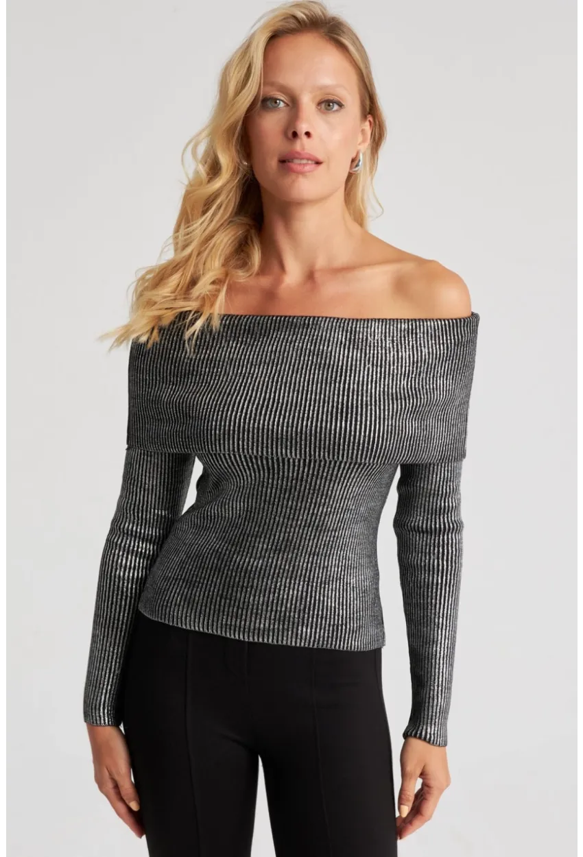 Kadın Gümüş Rengi Varaklı Madonna Triko Bluz SF2523