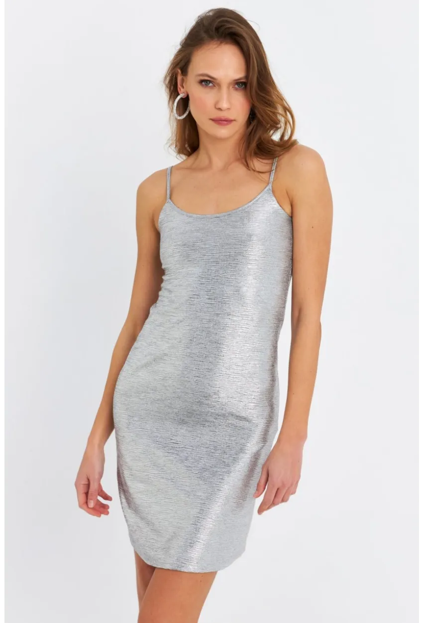 Kadın Gümüş Rengi Varaklı Mini Elbise RSP1054