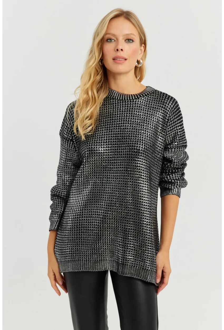 Kadın Gümüş Rengi Varaklı Triko Kazak SF2534