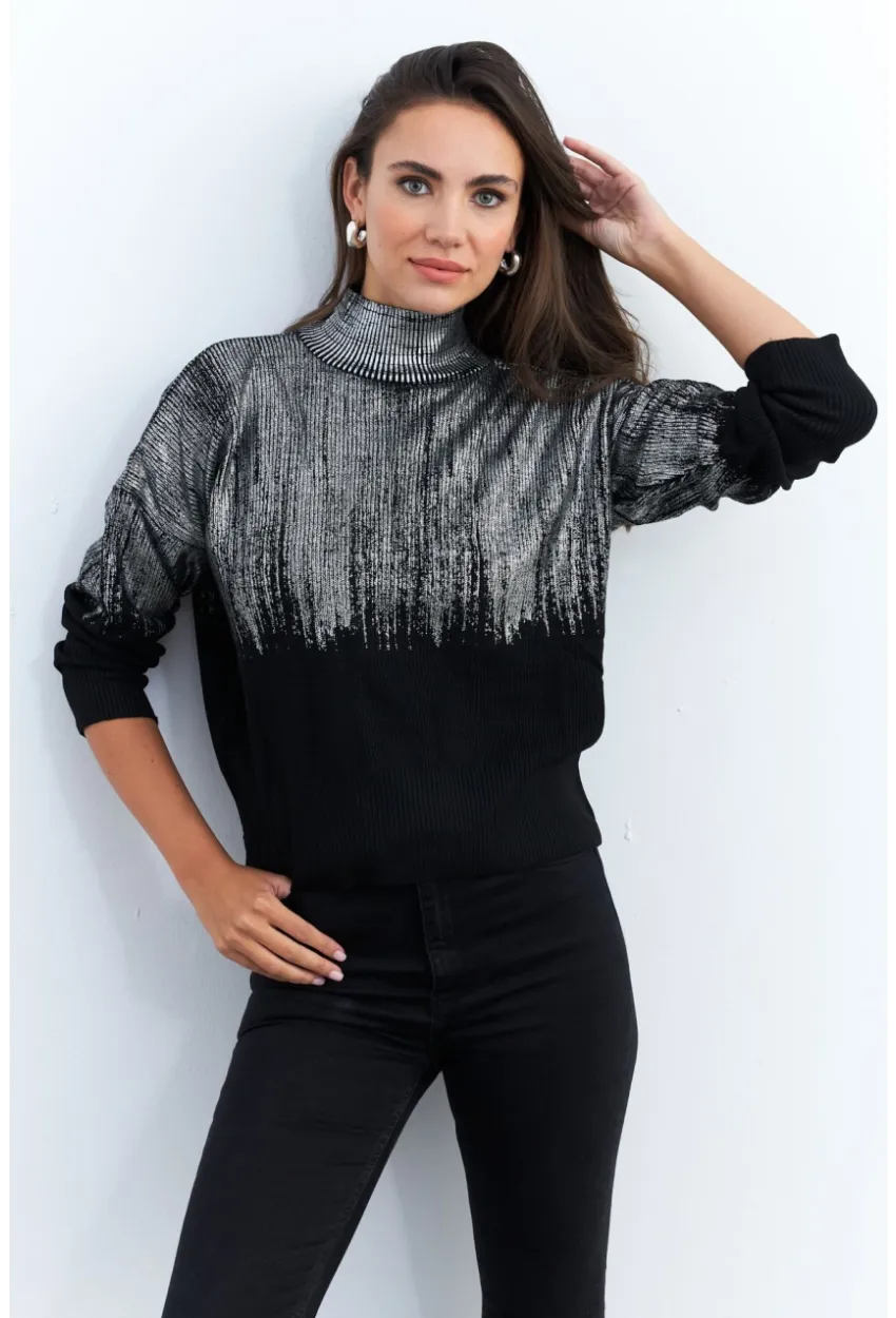 Kadın Gümüş-Siyah Balıkçı Yaka Varaklı Kazak RM07