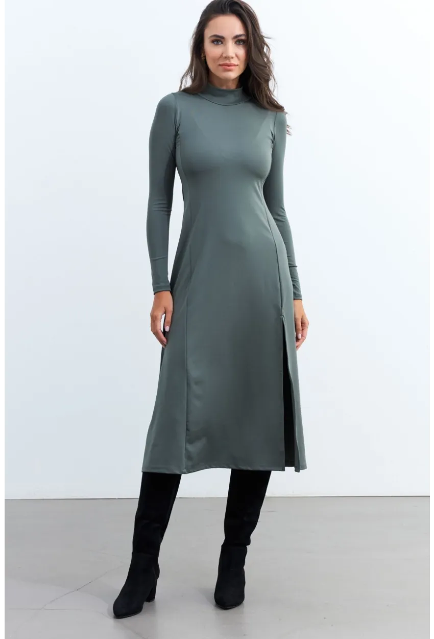 Kadın Haki Balıkçı Yaka Midi Elbise HOR15