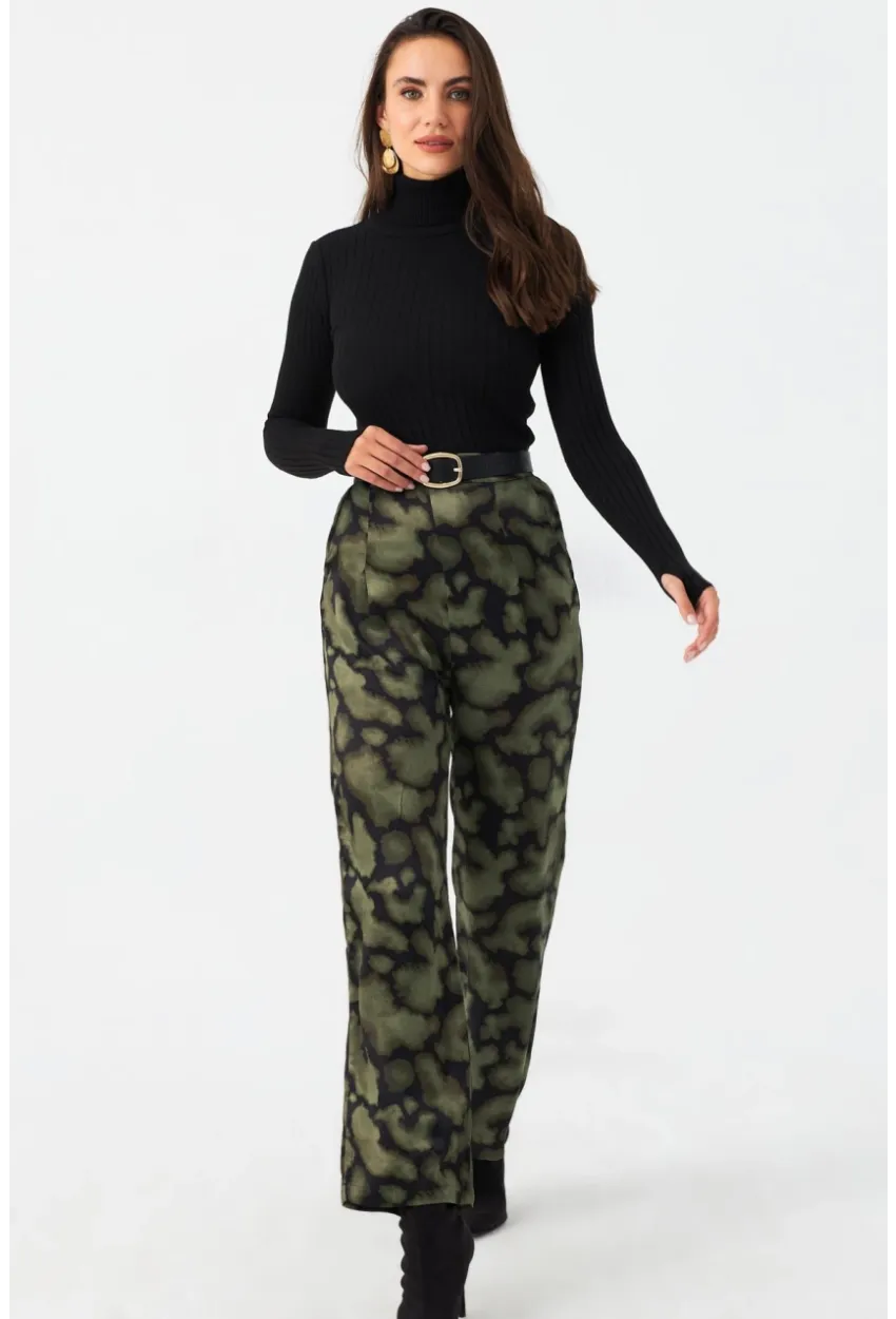Kadın Haki Batik Desenli Saten Pantolon CAR1069