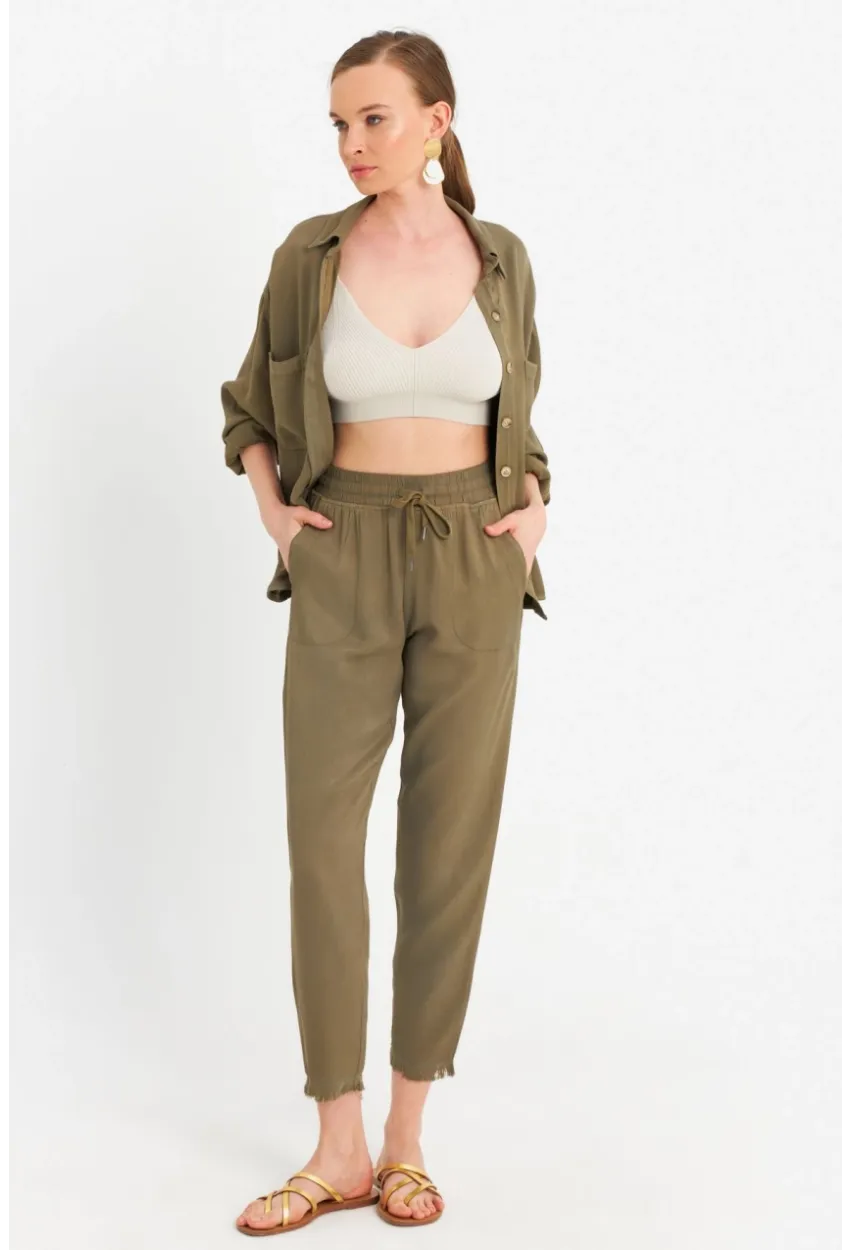 Kadın Haki Beli Lastikli Tensel Pantolon SUN201