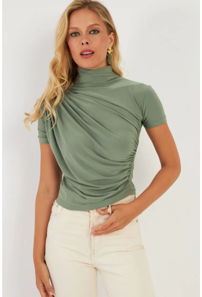 Kadın Haki Büzgülü Bluz LPP1287