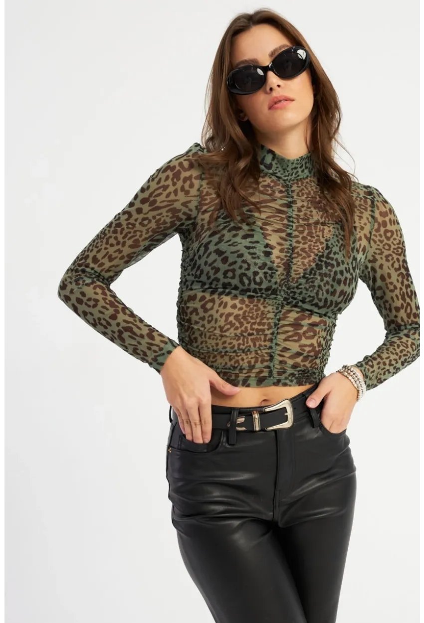 Kadın Haki Büzgülü Leopar Tül Bluz AYD379