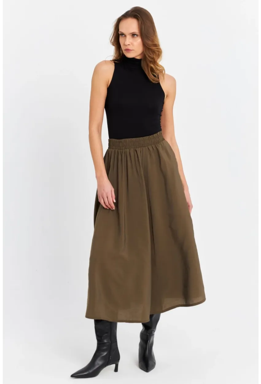 Kadın Haki Cepli Midi Etek MSH20194