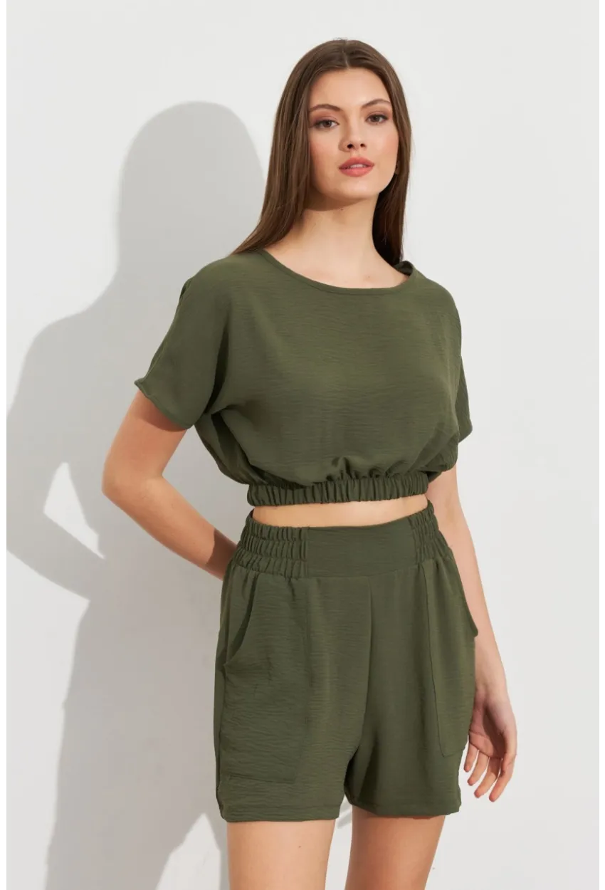 Kadın Haki Crop Şort Takım Q1014