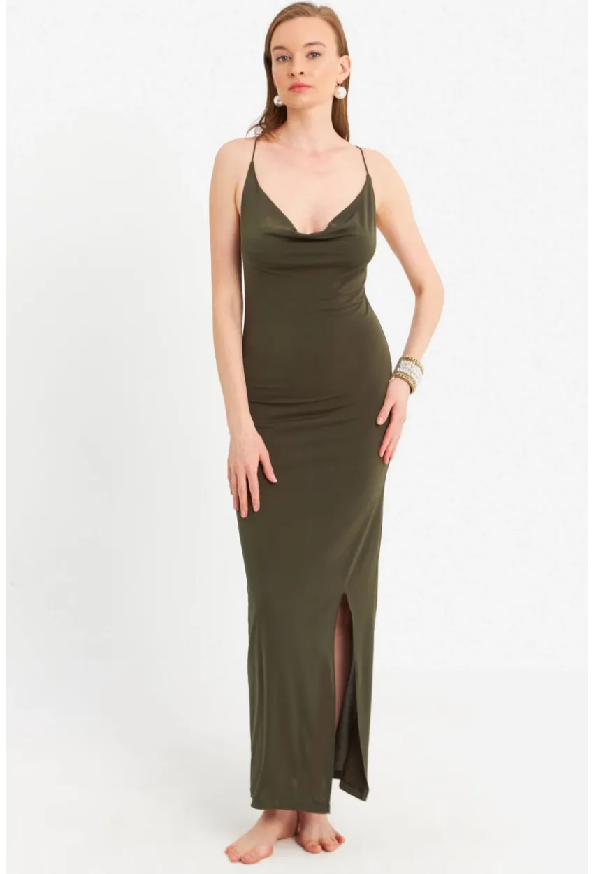 Kadın Haki Degaje Yaka Askılı Maxi Elbise DMR289
