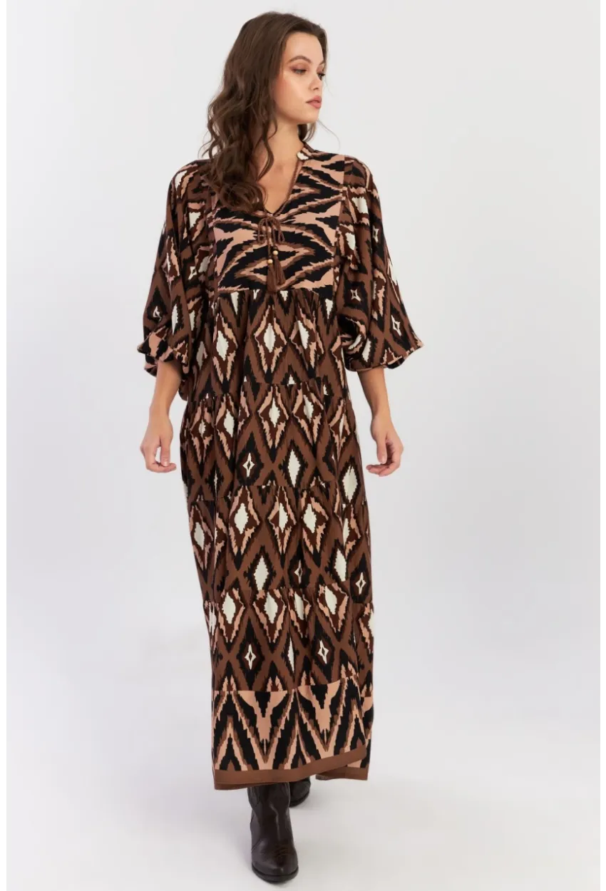 Kadın Haki Desenli Dokuma Maxi Elbise ALO235
