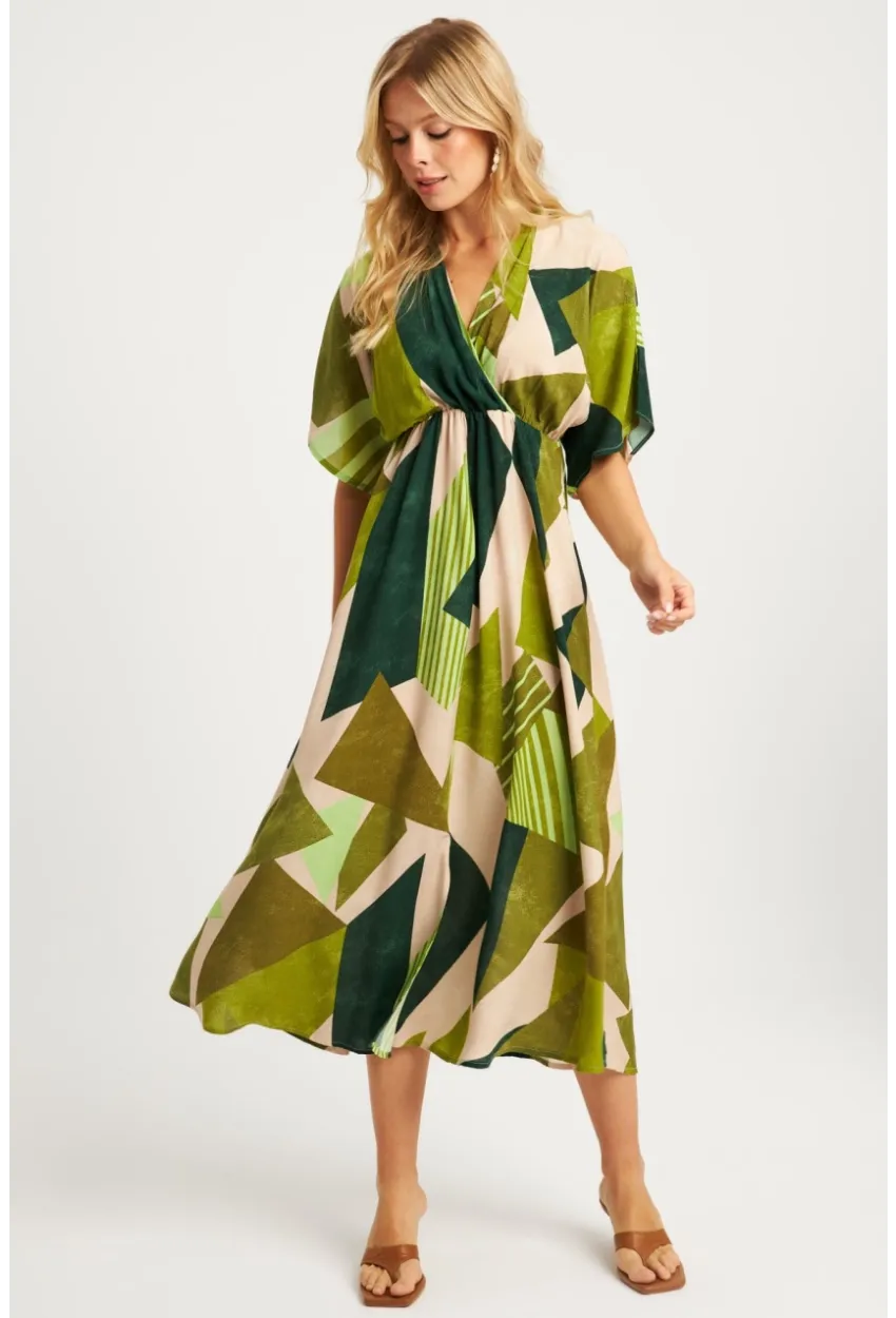 Kadın Haki Desenli Kruvaze Midi Elbise HT108