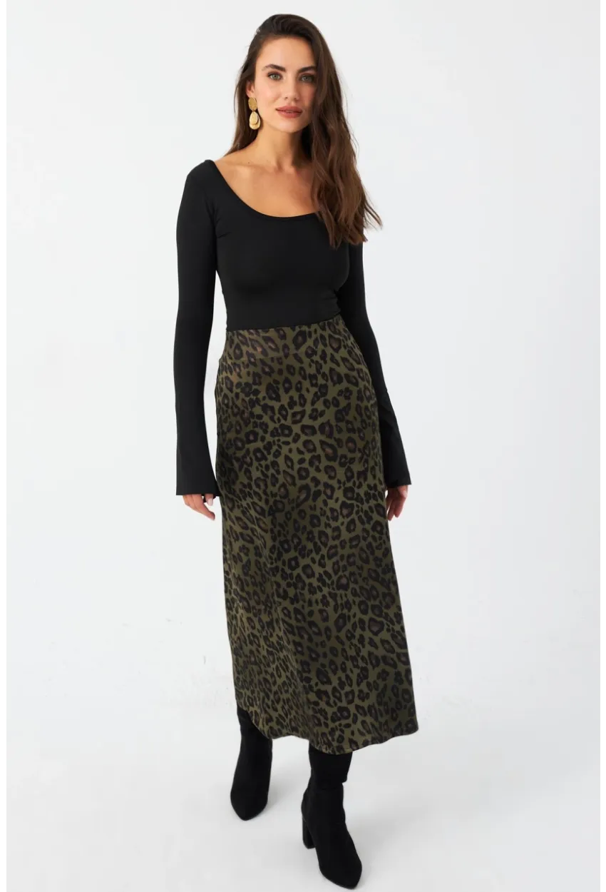 Kadın Haki Desenli Saten Etek CAR1060